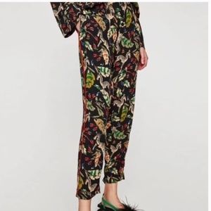 Zara TRF Trafaluc Pajama Style Trousers Pants Black Floral Zebra Cropped Safari